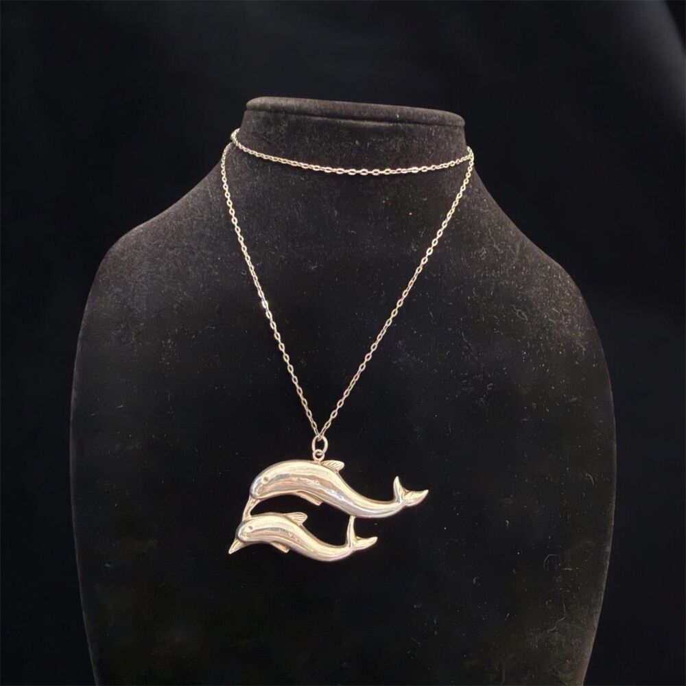 Vintage Sterling Silver Dolphin Pendant Necklace Italy 925 Chain Mother & Baby